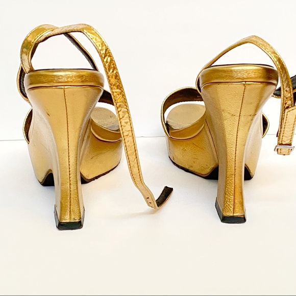 Jeffrey Campbell metallic gold leather open toe ankle strap platform wedge heels - Picture 3 of 9